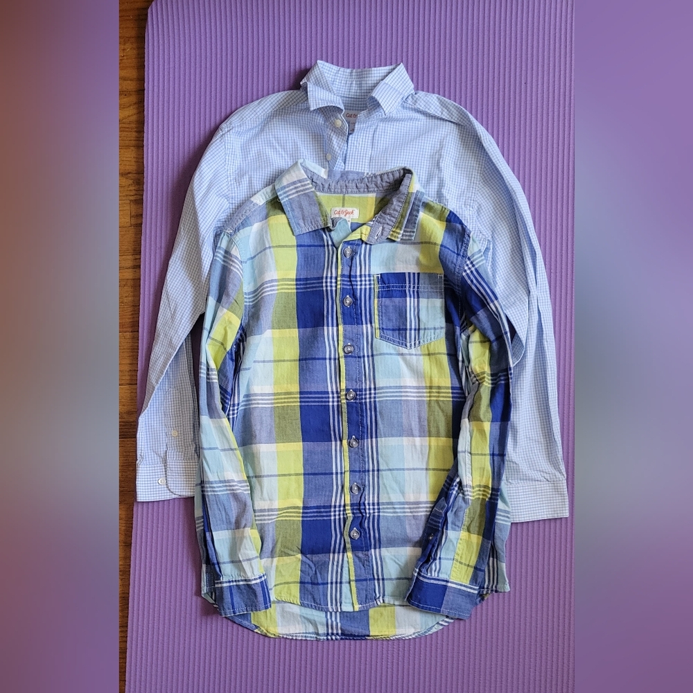 Lot of 2 Boys Button Down Shirts -Size Large Youth - Blue Checked and Plaid